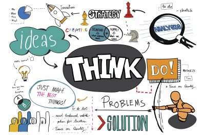 A conceptual image showing the process of virtual brainstorming, consisting of stages like think, strategy, do, analysis, and plan.